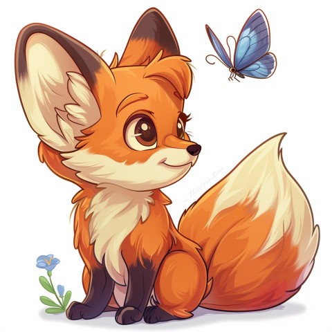 Cute Kawaii Stickers Red Fox with Oversized Ears and Fluffy Tail Curiously Eyeing a Butterfly on White Background (37)