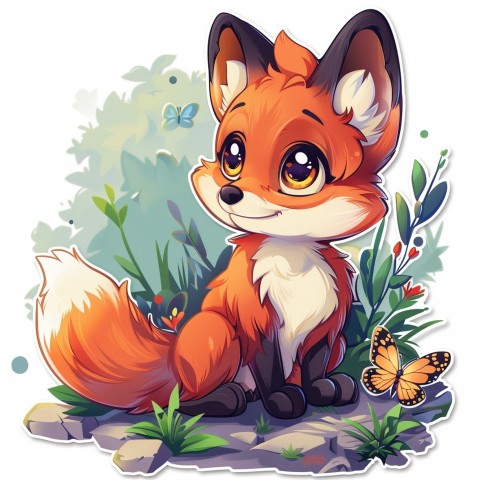 Cute Kawaii Stickers Red Fox with Oversized Ears and Fluffy Tail Curiously Eyeing a Butterfly on White Background (38)