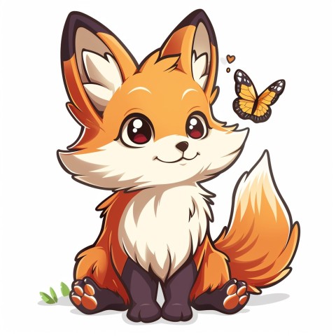 Cute Kawaii Stickers Red Fox with Oversized Ears and Fluffy Tail Curiously Eyeing a Butterfly on White Background (54)