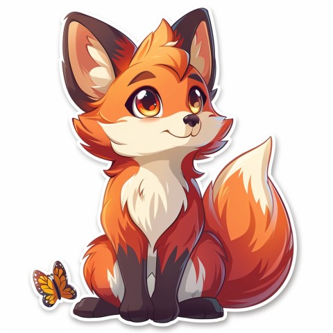 Cute Kawaii Stickers Red Fox with Oversized Ears and Fluffy Tail Curiously Eyeing a Butterfly on White Background (53)