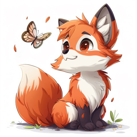 Cute Kawaii Stickers Red Fox with Oversized Ears and Fluffy Tail Curiously Eyeing a Butterfly on White Background (58)