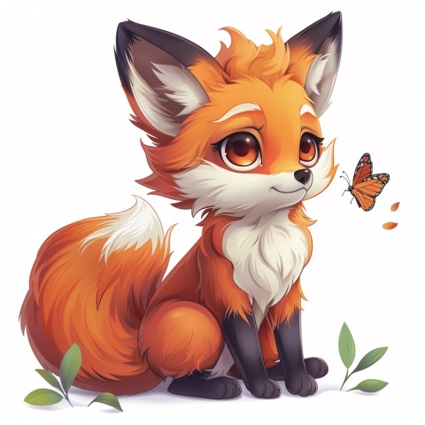 Cute Kawaii Stickers Red Fox with Oversized Ears and Fluffy Tail Curiously Eyeing a Butterfly on White Background (59)