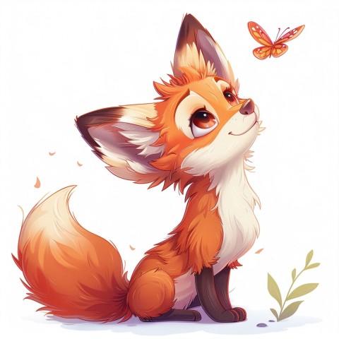 Cute Kawaii Stickers Red Fox with Oversized Ears and Fluffy Tail Curiously Eyeing a Butterfly on White Background (43)