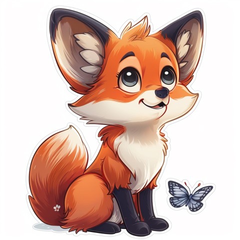 Cute Kawaii Stickers Red Fox with Oversized Ears and Fluffy Tail Curiously Eyeing a Butterfly on White Background (42)