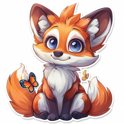 Cute Kawaii Stickers Red Fox with Oversized Ears and Fluffy Tail Curiously Eyeing a Butterfly on White Background (47)