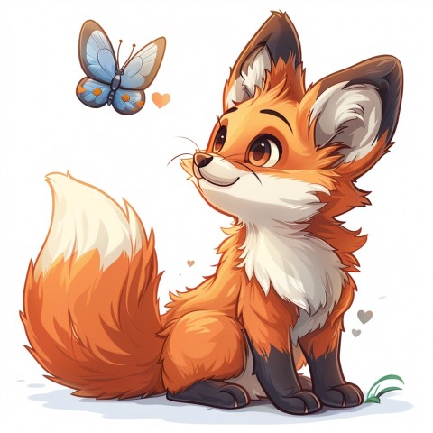 Cute Kawaii Stickers Red Fox with Oversized Ears and Fluffy Tail Curiously Eyeing a Butterfly on White Background (51)