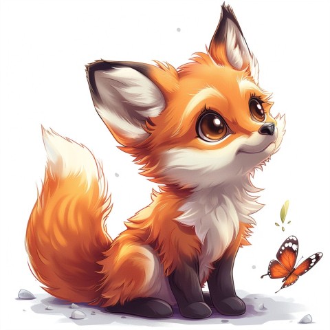 Cute Kawaii Stickers Red Fox with Oversized Ears and Fluffy Tail Curiously Eyeing a Butterfly on White Background (49)