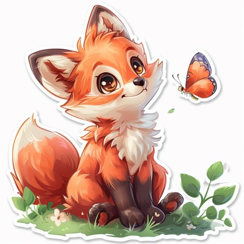 Cute Kawaii Stickers Red Fox with Oversized Ears and Fluffy Tail Curiously Eyeing a Butterfly on White Background (48)