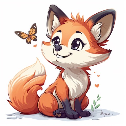 Cute Kawaii Stickers Red Fox with Oversized Ears and Fluffy Tail Curiously Eyeing a Butterfly on White Background (80)