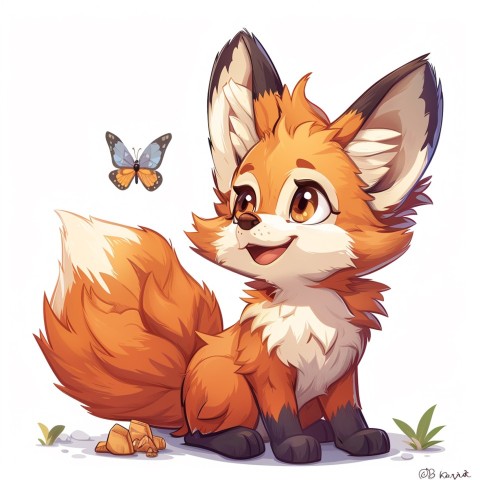 Cute Kawaii Stickers Red Fox with Oversized Ears and Fluffy Tail Curiously Eyeing a Butterfly on White Background (68)