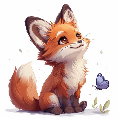 Cute Kawaii Stickers Red Fox with Oversized Ears and Fluffy Tail Curiously Eyeing a Butterfly on White Background (69)