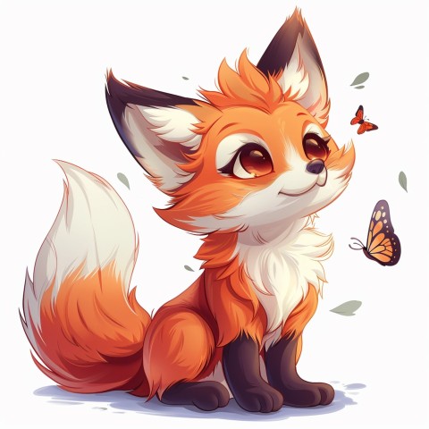 Cute Kawaii Stickers Red Fox with Oversized Ears and Fluffy Tail Curiously Eyeing a Butterfly on White Background (87)