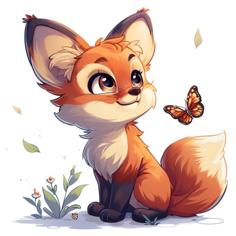 Cute Kawaii Stickers Red Fox with Oversized Ears and Fluffy Tail Curiously Eyeing a Butterfly on White Background (73)