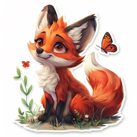 Cute Kawaii Stickers Red Fox with Oversized Ears and Fluffy Tail Curiously Eyeing a Butterfly on White Background (64)