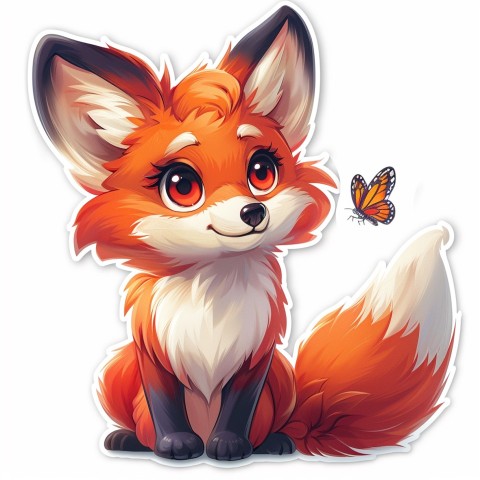 Cute Kawaii Stickers Red Fox with Oversized Ears and Fluffy Tail Curiously Eyeing a Butterfly on White Background (84)