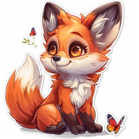 Cute Kawaii Stickers Red Fox with Oversized Ears and Fluffy Tail Curiously Eyeing a Butterfly on White Background (66)