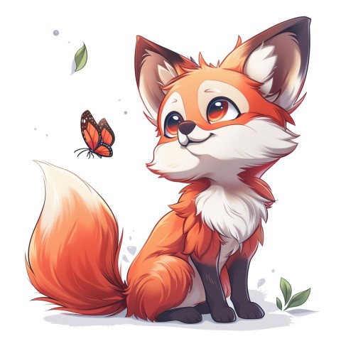 Cute Kawaii Stickers Red Fox with Oversized Ears and Fluffy Tail Curiously Eyeing a Butterfly on White Background (79)