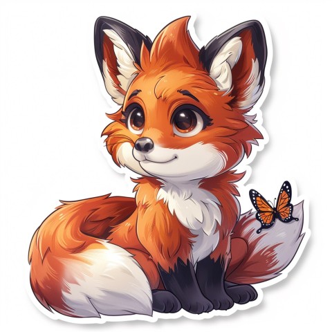 Cute Kawaii Stickers Red Fox with Oversized Ears and Fluffy Tail Curiously Eyeing a Butterfly on White Background (85)