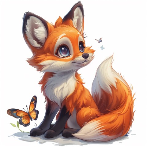 Cute Kawaii Stickers Red Fox with Oversized Ears and Fluffy Tail Curiously Eyeing a Butterfly on White Background (74)