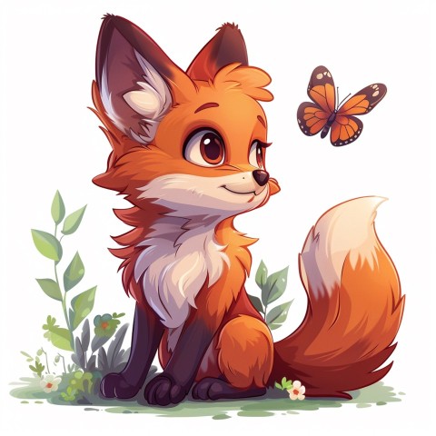 Cute Kawaii Stickers Red Fox with Oversized Ears and Fluffy Tail Curiously Eyeing a Butterfly on White Background (88)