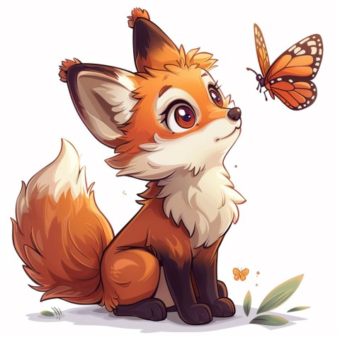 Cute Kawaii Stickers Red Fox with Oversized Ears and Fluffy Tail Curiously Eyeing a Butterfly on White Background (70)