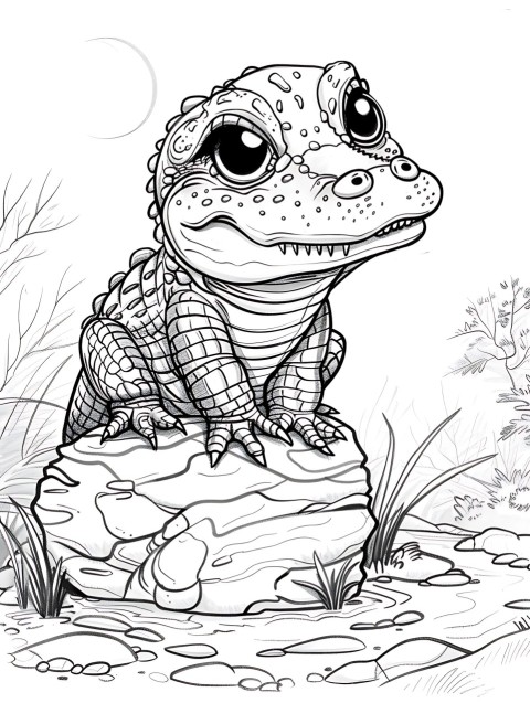 Cute Alligator Coloring Book Pages Simple Hand Drawn Animal illustration Line Art Outline Black and White (85)