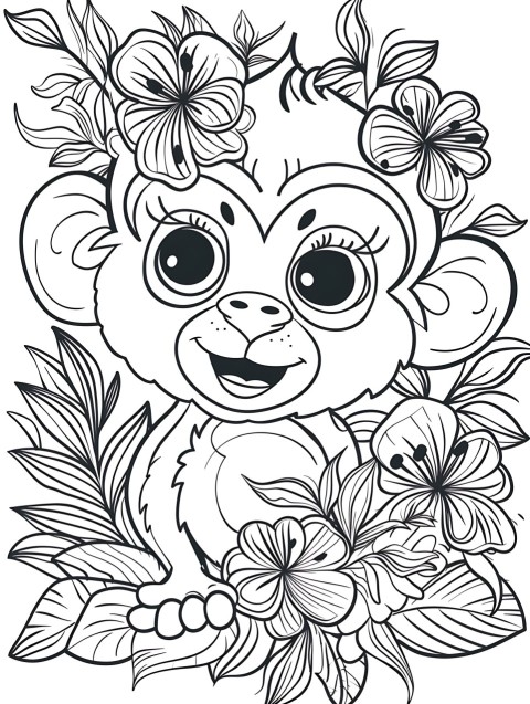 Cute Monkey Coloring Book Pages Simple Hand Drawn Animal illustration Line Art Outline Black and White (70)