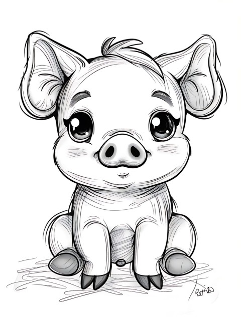 Cute Pig Coloring Book Pages Simple Hand Drawn Animal illustration Line Art Outline Black and White (98)