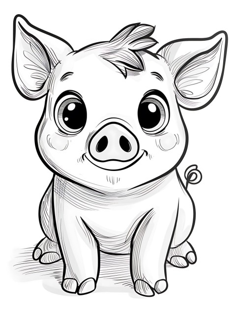Cute Pig Coloring Book Pages Simple Hand Drawn Animal illustration Line Art Outline Black and White (103)